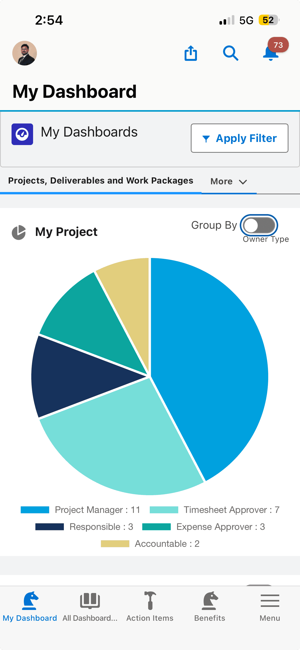 AMIGO Platform — mobile dashboard showing a project role breakdown