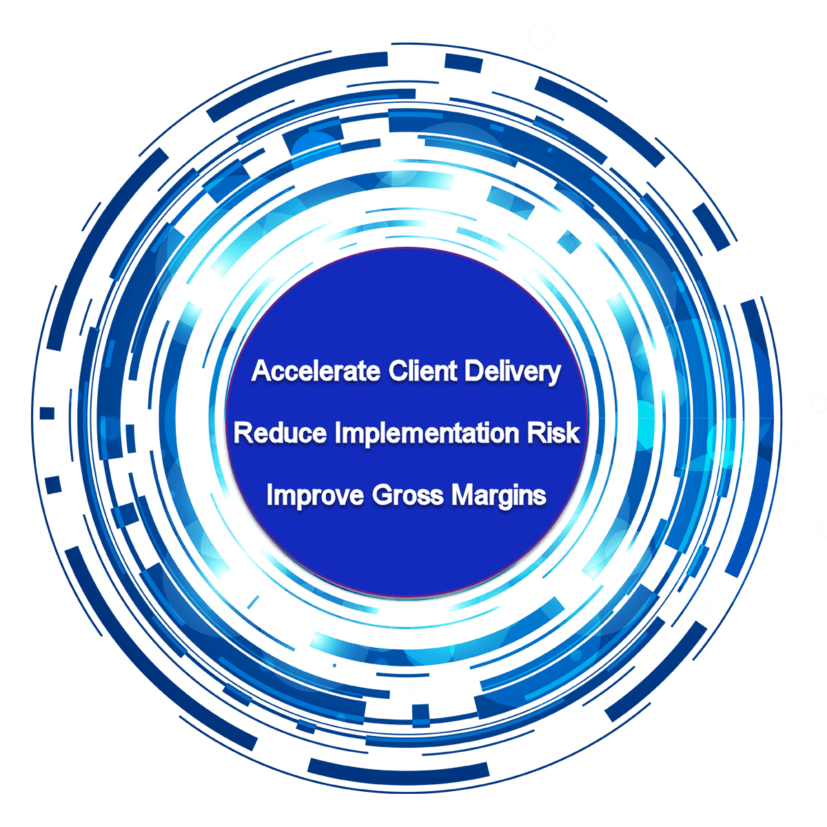 AMIGO for consulting practices — a glowing blue delivery ring naming the three outcomes it drives: accelerate client delivery, reduce implementation risk, and improve gross margins.